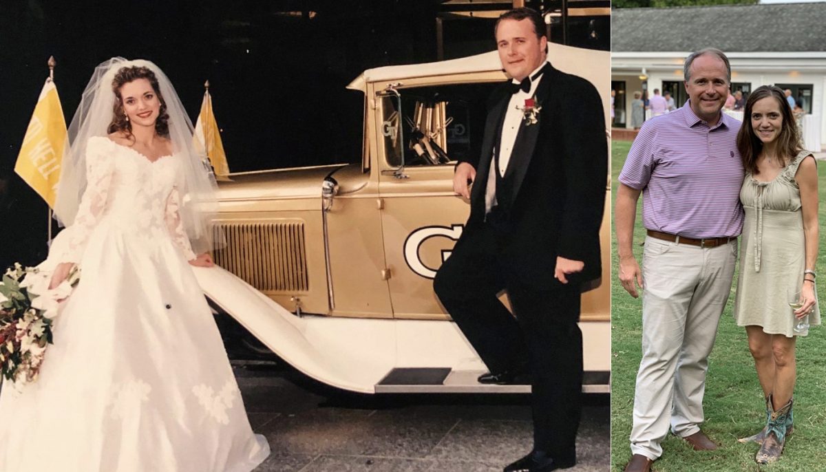 two photos of John and Angela Laughter - on their wedding day and at Homecoming