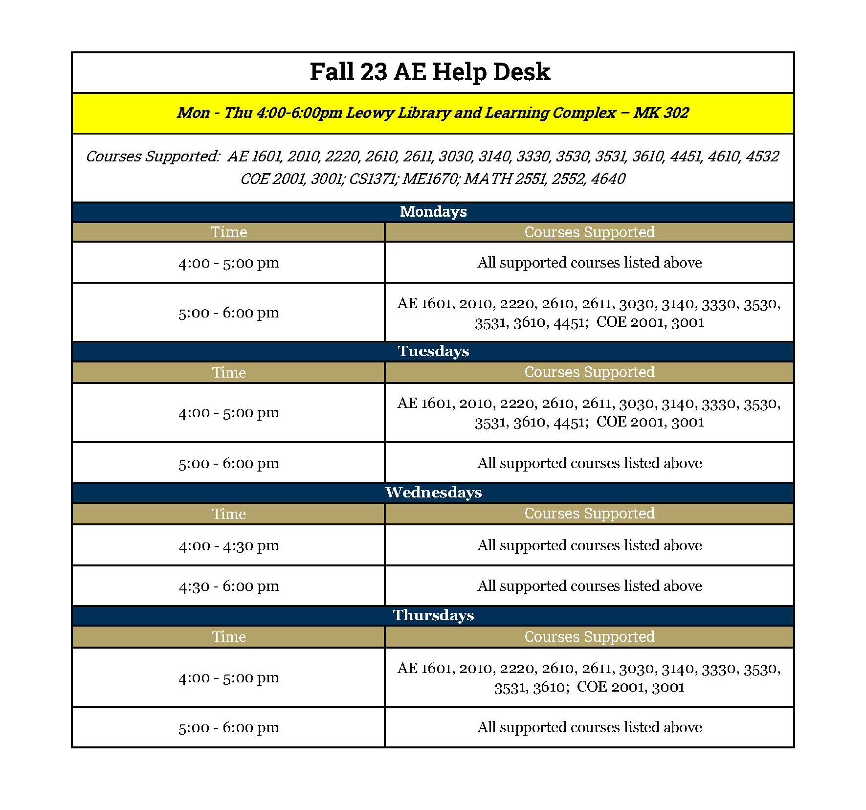 Fall 23 Help Desk  Schedule