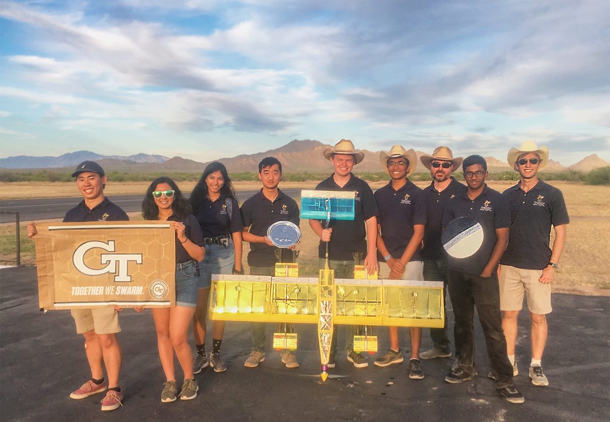 Georgia Tech team poses with their UAV after competing in the 2019 AIAA DBF Competition
