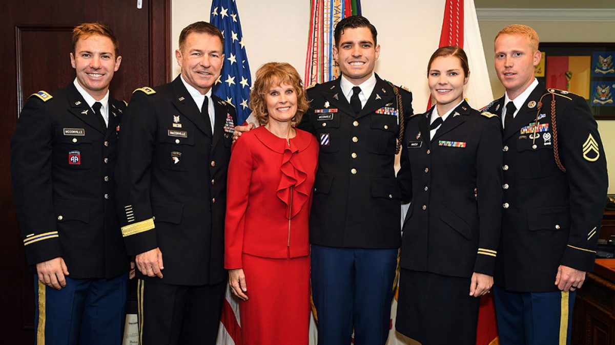 Gen. James McConville, second from left, with his family during a promotion ceremony for his son, Capt. Ryan McConville, in his office at the Pentagon. McConville was sworn in as the Army's 40th chief of staff Aug. 9. (Photo: Spc. Dana Clarke, U.S. Army)