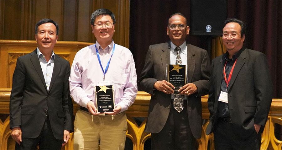 Unmanned Systems' Editors-in-Chief, Lihua Xie (left-most) and Ben M. Chen (right-most) with Professor Zongli Lin of the University of Virginia (centre-left) and Professor J V R Prasad of Georgia Tech (centre-right) representing their papers' co-authors as recipients of the journal's Best Paper (2016-2017) Award