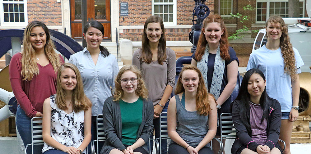 Nine AE students who received scholarships from the Women in ENgineering
