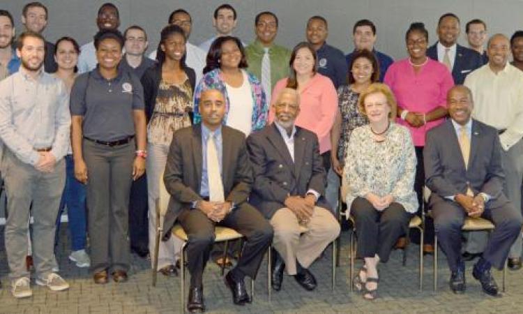 <p><em>2015 Sloan Scholars and mentors gathered on Sept. 21 to meet with Sloan Foundation program manager, Elizabeth Boylan, CoE dean, Gary May, and program director Stephen Ruffin.</em></p>