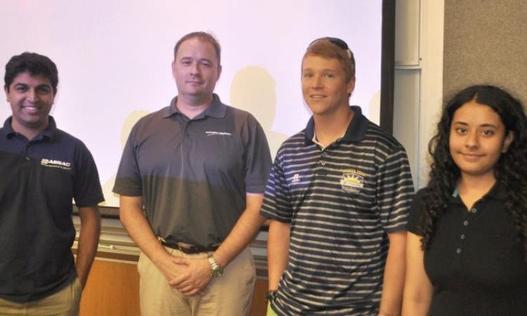 <p>GT grad Dr. Matthew Clark told a capacity crowd of students how they can survive the scariest test of their lives: the six-second resume review. Clark, second from left, is seen here with students from the School of Aerospace Engineering School Advisory Council who sponsored his visit to AE></p>