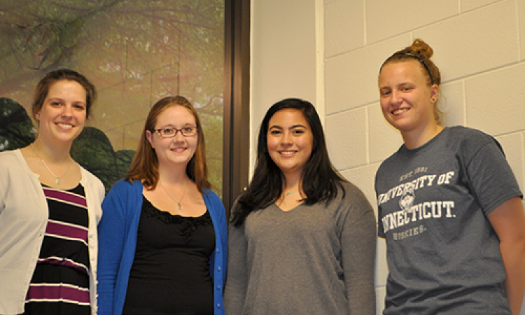 <p><em>From left, Sarah Dailey, Katie Squire, Sabrina Herman, and Brittni Walters, four of the six GT-AE undergraduates who received WIE scholarships late last month. Not pictured here are fellow scholarship winners  Elizabeth Balga and Sonia Thakur</em>.</p>
