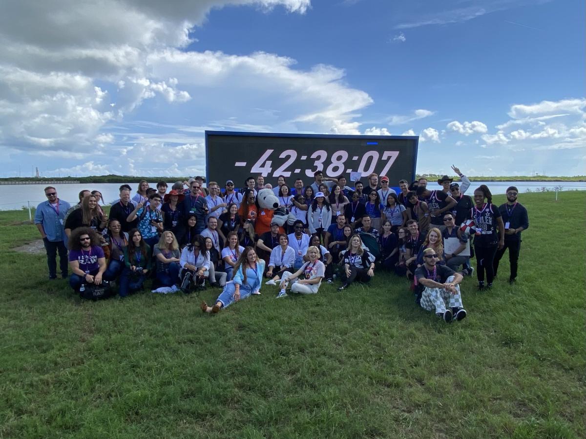 NASA social team in front of the official countdown clock