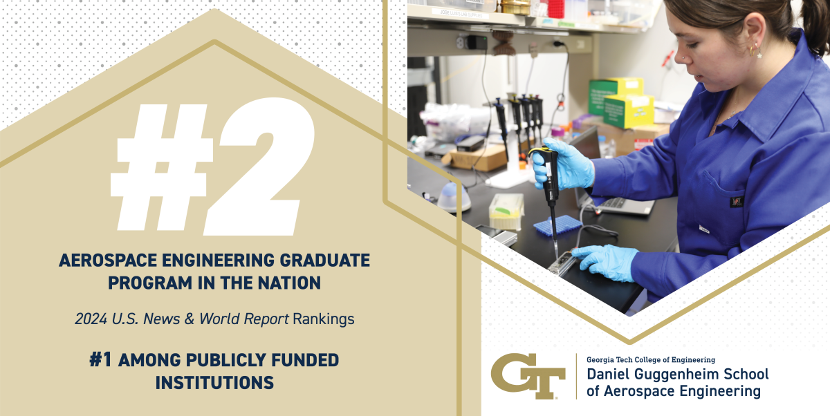graphic of the aerospace engineering school's graduate ranking of No. 2 along with a photo of an aerospace researcher. 