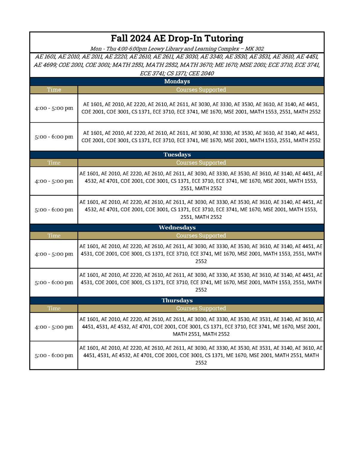 FA24 AE Drop in Tutoring Schedule