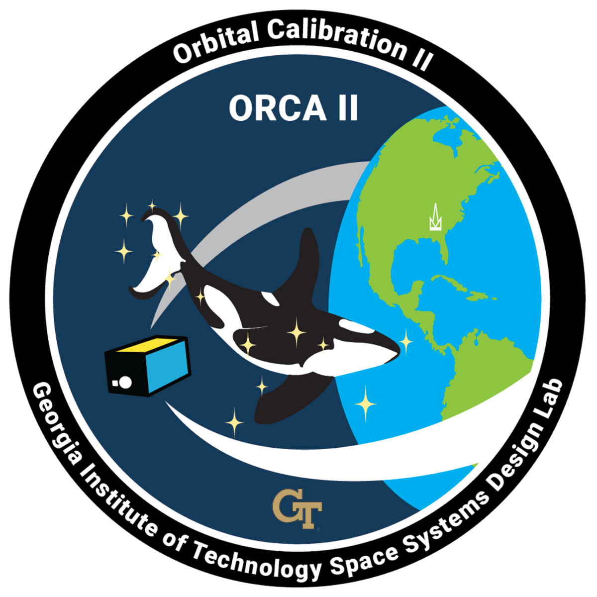 Mission patch design of the OrCa2 Mission. Showing an orca whale in low-Earth Orbit along with a small satellite and the Earth in the distance. 