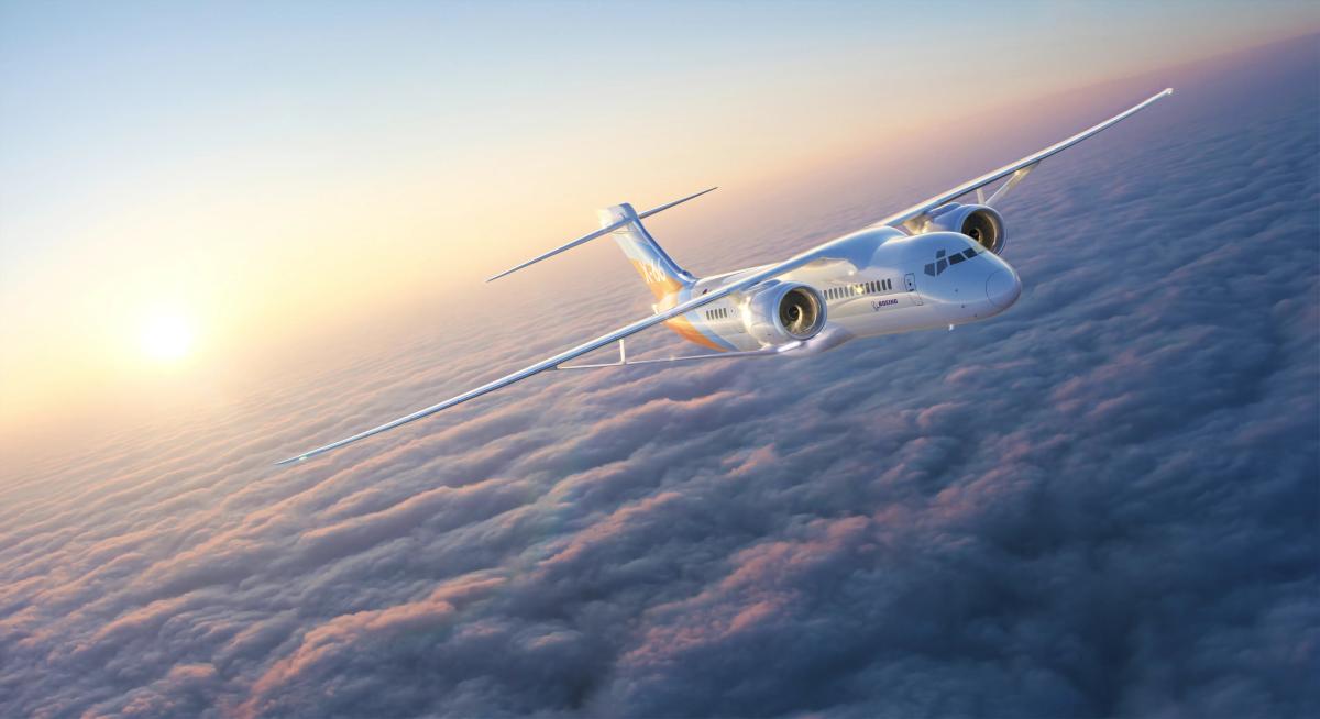 Commercial jet soaring above cloudscape at sunrise – modern airplane design with powerful engines and aerodynamic wings, ideal for aviation, aerospace engineering