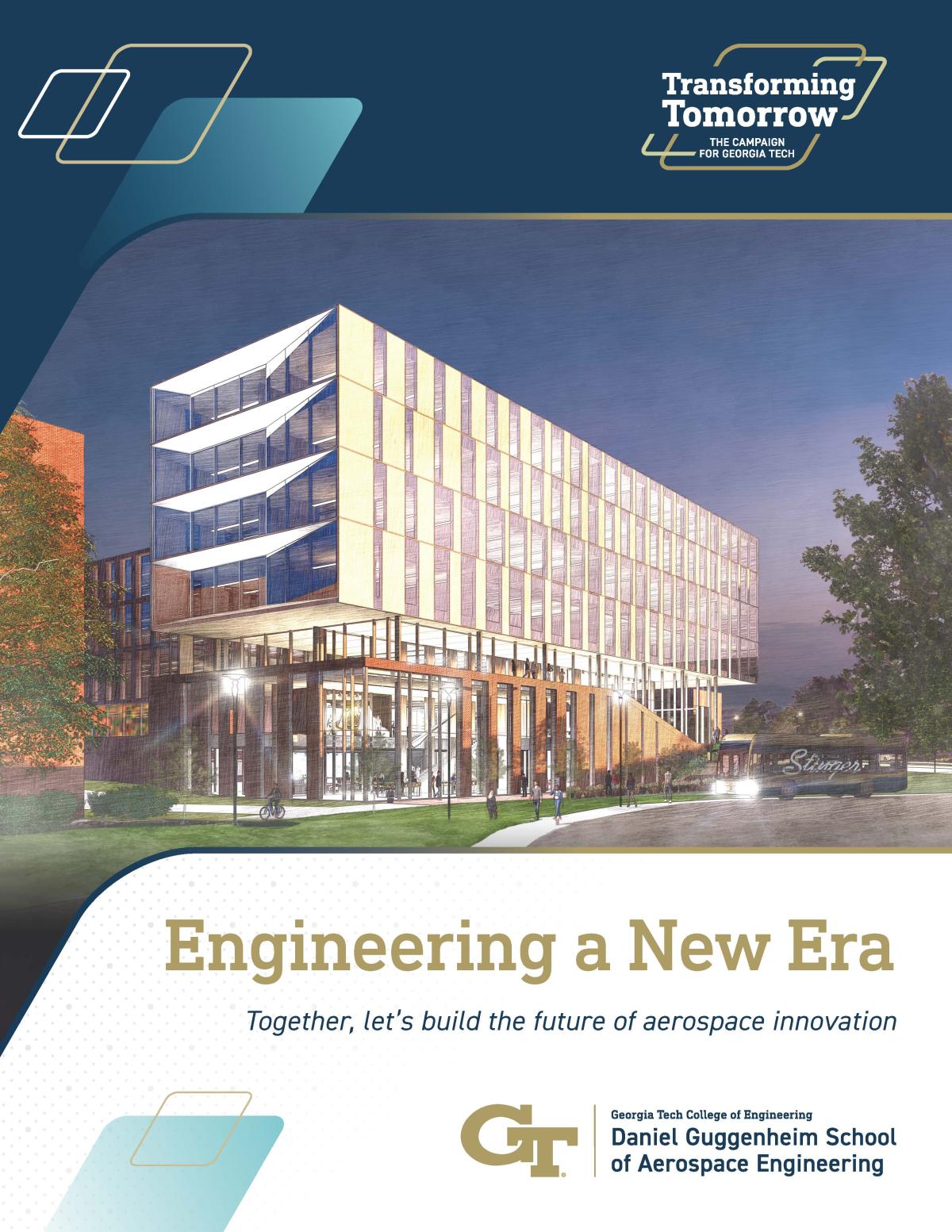 Coverpage of the AE School Case Statement. Includes a photo of the conceptual drawings of the new AE School building and the headline "Engineering a New Era" "Together, let's build the future of aerospace engineering"